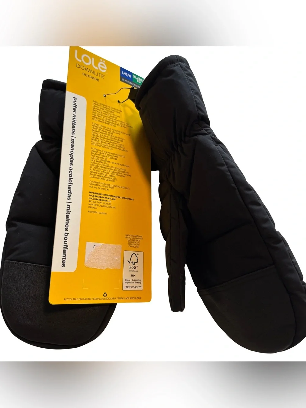 Lolë Downlite Outdoor Puffer Mittens in Black Sz L/XL NWT